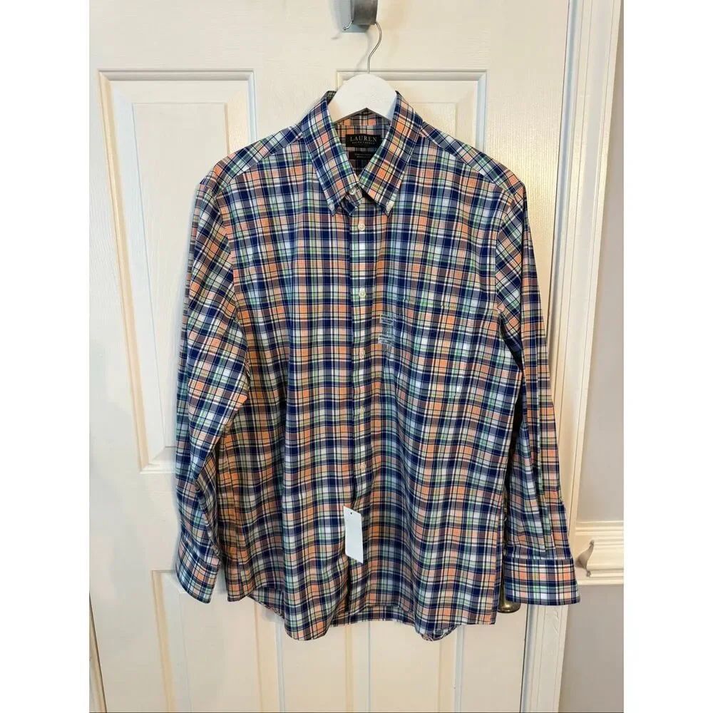 Lauren Ralph Lauren Black Label Navy Orange & Green Plaid Button Down Shirt sz L